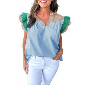 NEW LOVESOFT colorblock ruffled sleeve frill v-neck blouse in mist blue